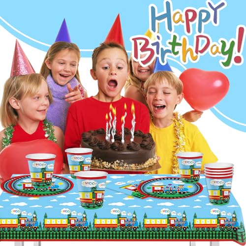 Zug Geburtstag Party Geschirr, 49Pcs Partygeschirr KinderGeburtstag, Zug Party Geschirr, Pappbecher Teller Servietten Tischdecken Tischdeko für 16 Gäste, Geburtstag Deko Partygeschirr Set