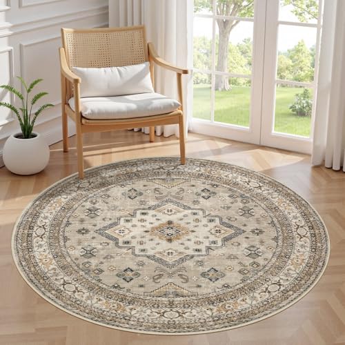 5ft Round Vintage Living Room Area Rug - 5x5 Large Soft Washable Oriental Traditional Distressed Farmhouse Rugs for Bedroom - Indoor Floor Accent Carpet for Home Office House Decor - Beige