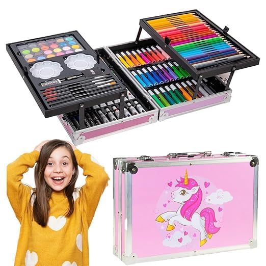 FORESTORY Unicorn 145 Pieces Art & Craft Painting Box - Suitcase Shape Art, Painting- Sketching, Stationary, Water Colors Vanity Box - All in 1 Art Case Children Birthday Gift (Multicolor Bag)
