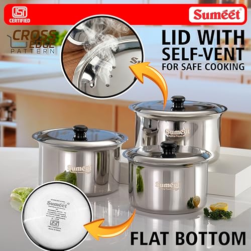 Image of Sumeet ISI Certified HeavyPly Premium Stainless Steel Cross Edge Induction & Gas Stove Friendly Patila /Bhagona /Container /Tope /Cookware Set of 3 Pcs with Lids - 1150ml / 1400ml / 1900ml