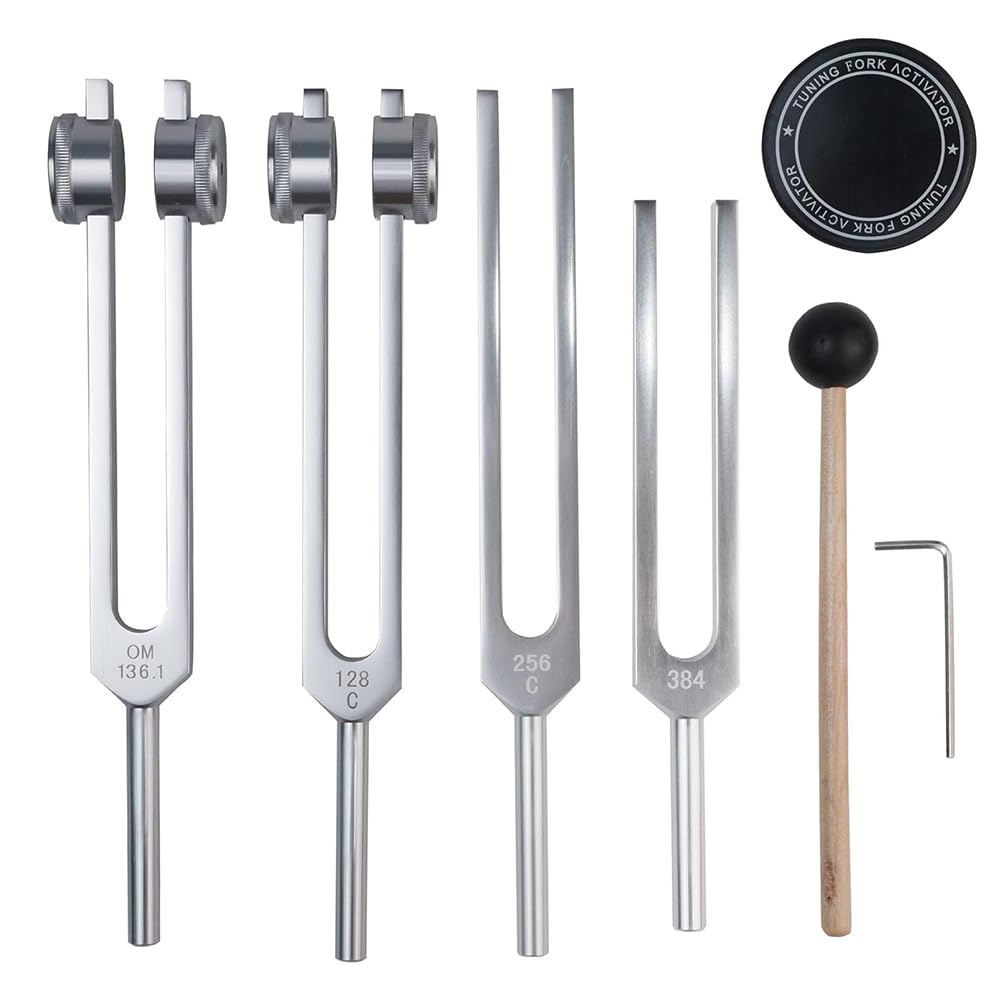 Diapason,Diapason 528 Hz Guarigione,Kit Diapason 432 Hz,Set di 4 diapason (128HZ, 136.1HZ, 256HZ, 384 Hz) ideale per la terapia, per la terapia dei chakra, la terapia del suono, l'antistress