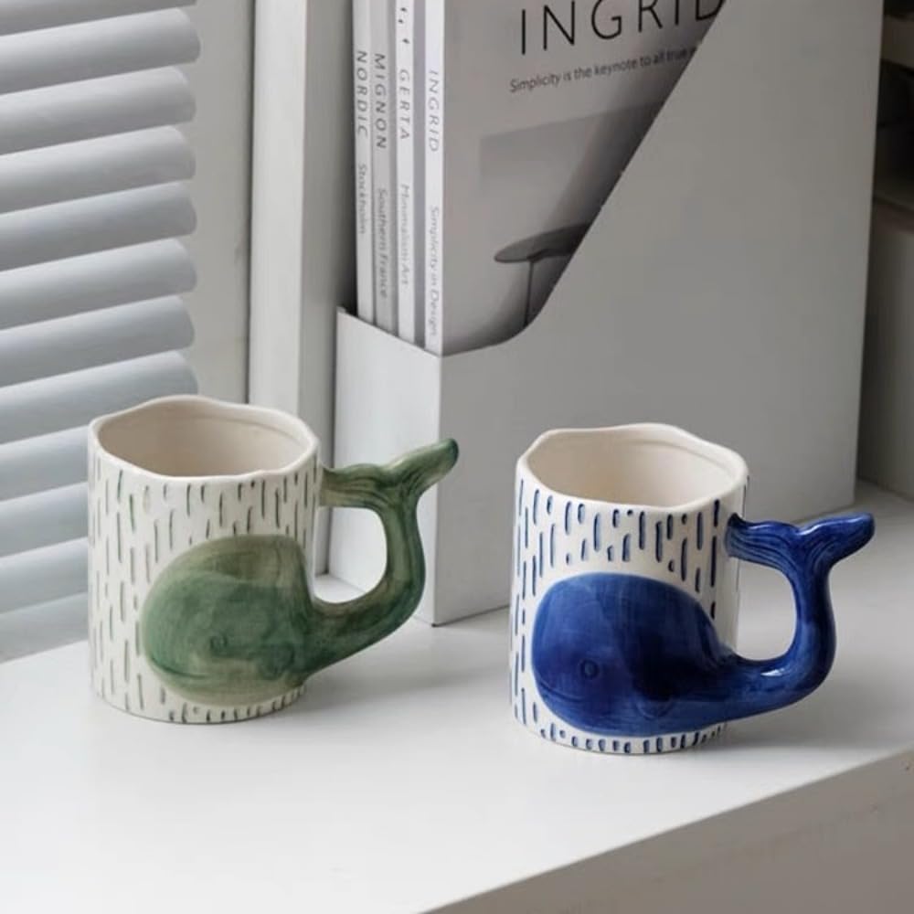 Keramiktasse mit niedlichem Walmotiv, handbemalt, Unterglasur, für Paare, personalisierbar, für Frühstück, Haferflocken, Milch, Wasserbecher