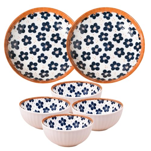 Image of Lellow Ceramic Dinner Set of 6 | 4 Bowls 2 Plates | Floral Petal Pattern | Microwave Safe | Dishwasher Safe | Premium Glazed Dinnerware for Everyday & Gifting - Floral