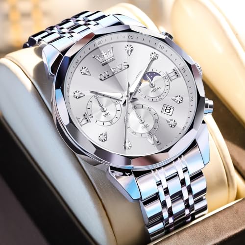 Image of OLEVS Watches for Men Stainless Steel Dress Men Watch with Date Big Face Chronograph Waterproof Luxury Fashion Watch Blue /Black /Gold /Green /Silver Face Relojes para Hombres