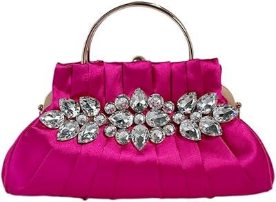 IAMUHI Women Retro Satin Evening Handbag Pleated Rhinestone Clutch Bag Party Wedding Crossbody Shoulder Purse with Chain,Rose Red