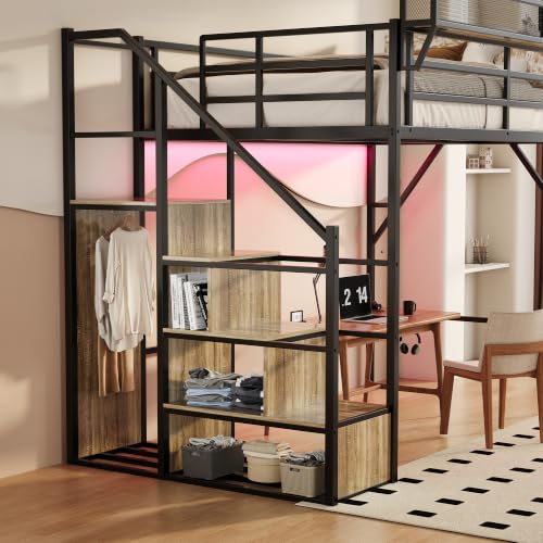 Image of Queen Size Metal Loft Bed with Reversible Stairs and LED & USB Port