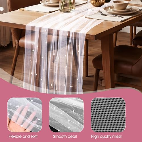 zisiueel Set of 4 Pearl Table Runner 10ft, 29.5 x 120 Inch White Table-Cloth Pearl Sheer Tulle Table Cover,Pearl-Table Runner for Wedding Party Baby Shower Birthday Home Decor by zisiueel - Used condition - Image 3