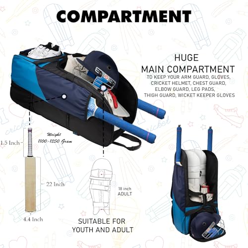 Image of WHACKK Gayle Backpack Duffle Trolley Wheelie Cricket Kit Bag Adult Size 2 Bat Pocket Shoe /Helmet Pkt Main Compartment 18 inch Leg Pad 2 Bottle Holder Player Edition (Aqua Blue)