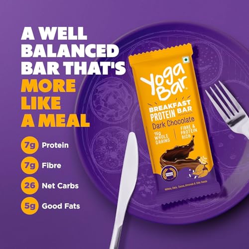 Image of Yoga Bar Breakfast Protein Bar | Dark Chocolate | 7g Protein, 7g Fibre, 26g Net Carbs, 5g Good Fats | Made with Whole Grains | High Fibre & Protein Rich Snack (50g)