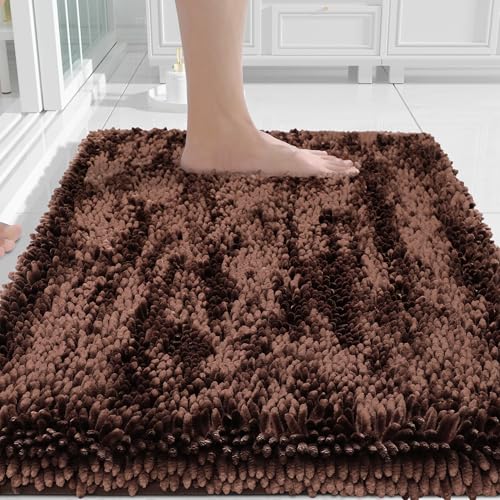 Image of Yimobra Chenille Bathroom Rugs Non Slip, Extra Thick Soft Absorbent Bath Rug, Machine Washable Quick Dry Bath Mat for Bathroom Floor, Tub and Shower, Home Decor Accessories, 24x17, Brown