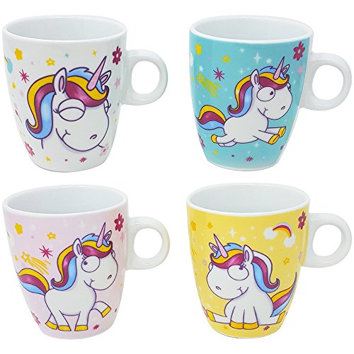 com-four® 4x Kaffeebecher"Comic Unicorn" - Zauberhafte Einhorn Kaffeetasse - Teetasse mit magischen Motiven - 180 ml (04 Stück - Tasse Mix3)
