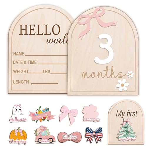 Monthly Baby Milestone Wooden Signs, Double-Sided Bow-Themed Baby Milestone Discs with Hello World & My First Holiday Designs – Cute Baby Announcement Sign & Photoshoot Props for Boys and Girls (Bow)