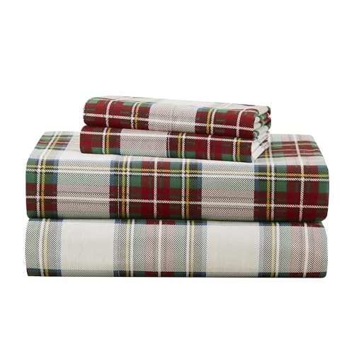 Comfort Spaces 100% Cotton Sheets Twin XL Breathable Naturally Cool Cotton Sheets Cotton Bed Sheets 12 Elastic Pocket Fits up to 14 Mattress All Seasons Sheet Set Scottish Plaid Red 3 Piece