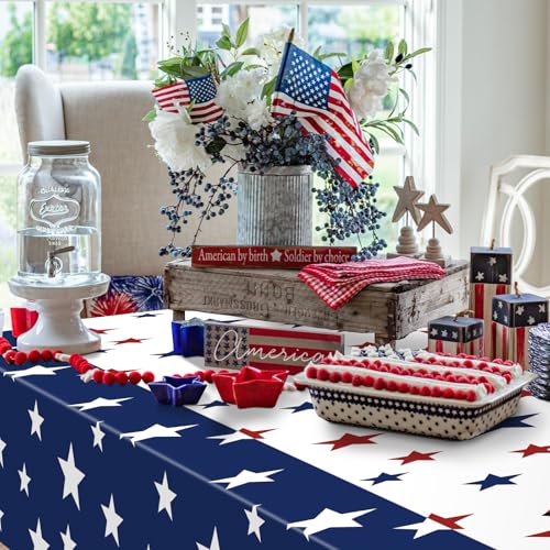 Image of Gistome 3 Pack 54 x 108 Inch 4th of July Plastic Tablecloths, Red White Blue Stars Disposable Rectangle Table Covers for Independence Day Memorial Day Party Decorations