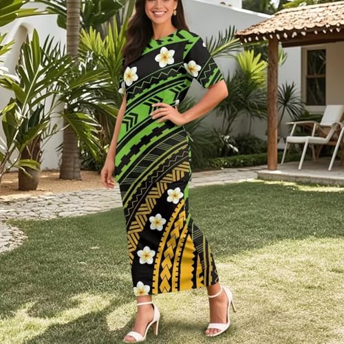 Image of Puletasi Samoan Traditional 2 Piece Outfits for Women Short Sleeve Crop Top and Maxi Skirt Sets Puletasi Dress