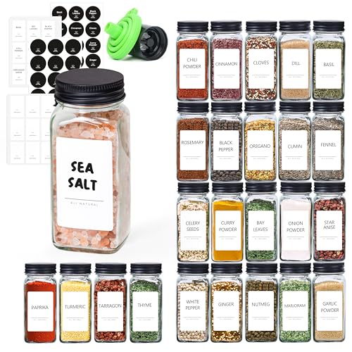 ComSaf Gewürzgläser Eckig Klein 120 ml Schwarz 24er Set mit Streueinsatz, Gewürzstreuer mit 93 Etiketten,Gewürzdosen Luftdicht mit Trichter und Pfeffermühle