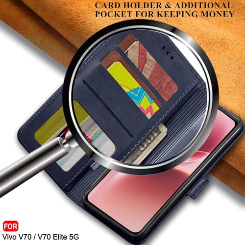 Image of TheGiftKart Genuine Leather Finish Flip Back Cover Case for Vivo V70 5G / V70 Elite 5G | Inbuilt Pockets & Stand | Wallet Style | Designer Button Magnet Flip Back Cover Case (Faux Leather, Blue)