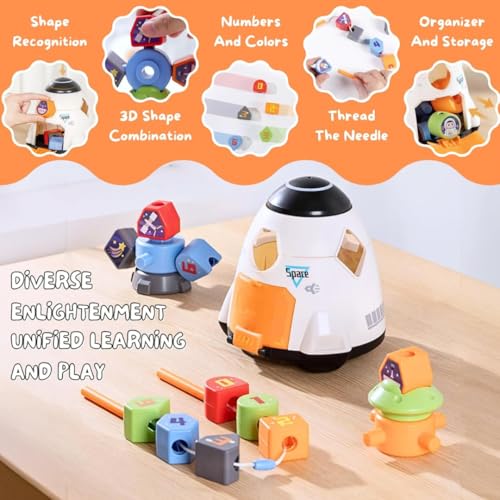 Image of MiniExplorer Premium Montessori Spaceship Toy for Toddlers | Color and Shape Sorting, Stacking & Building Blocks, Lacing Beads Set for Preschool|Gift for 2+ Year Old Boys and Girls, 1 Piece