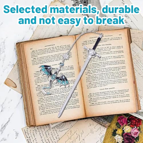 Image of Metal Bookmark, Sword Dragon Bookmark for Books, Aesthetic Book Markers for Novels, Reading Accessories, Gift for Book Lovers, Cute Bookmark with Flying Dragon Pendant