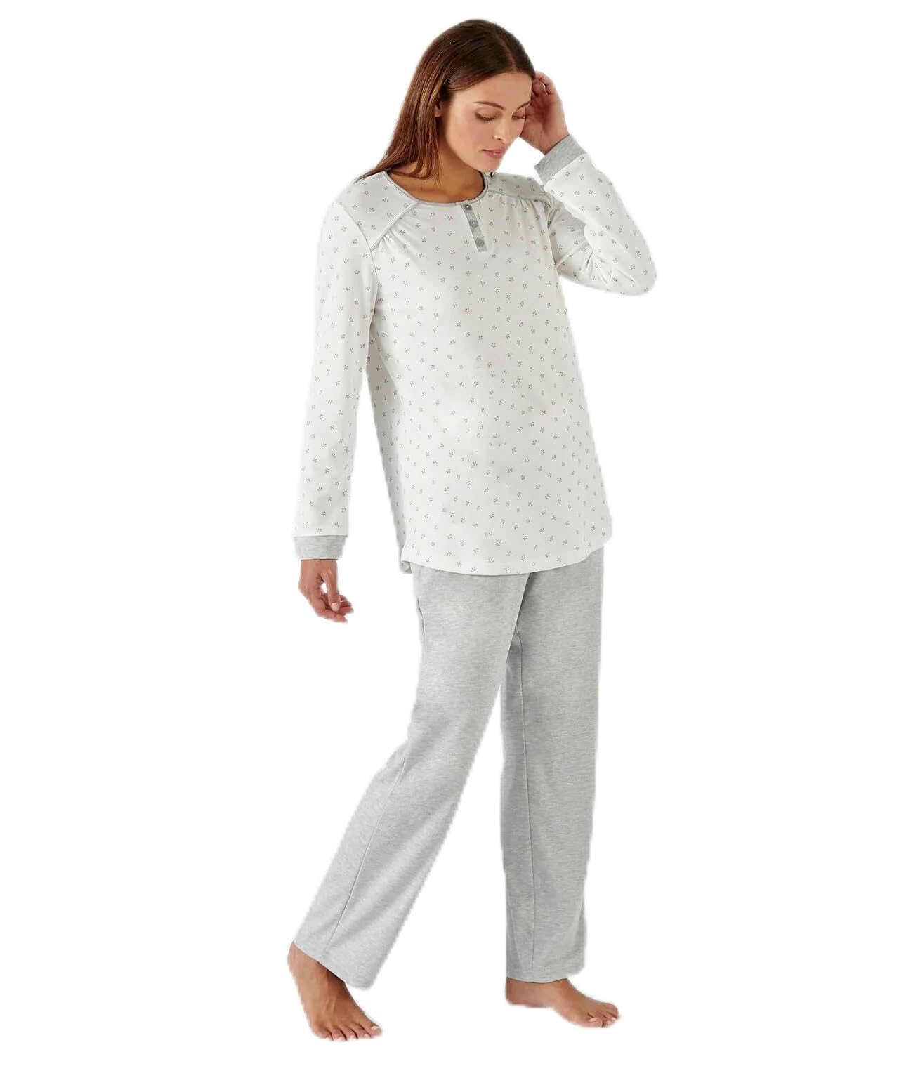 Damart - Ensemble de Pyjama pour Femme - Manches Longues, Maille Interlock Thermolactyl - Haut et Bas de Pyjama Chauds, Moelleux et Confortables
