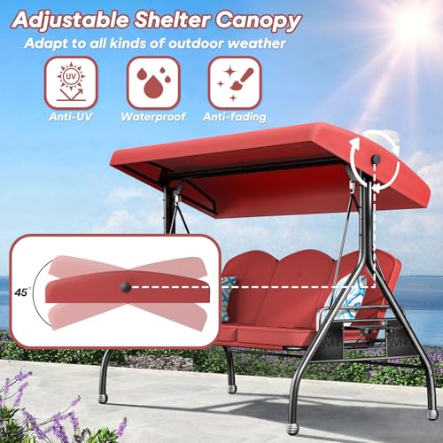 Image of ZZW 3 Seat Outdoor Porch Patio Swing with Stand 800lbs 2-in-1 Convertible Swing Bed with Adjustable Canopy & Removable Cushion for Yard Garden Deck (Red, Round Tube)