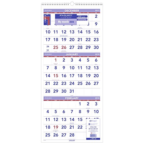AT-A-GLANCE Wall Calendar, 2018, December 2017 - January 2019, 3-Month Display, 12
