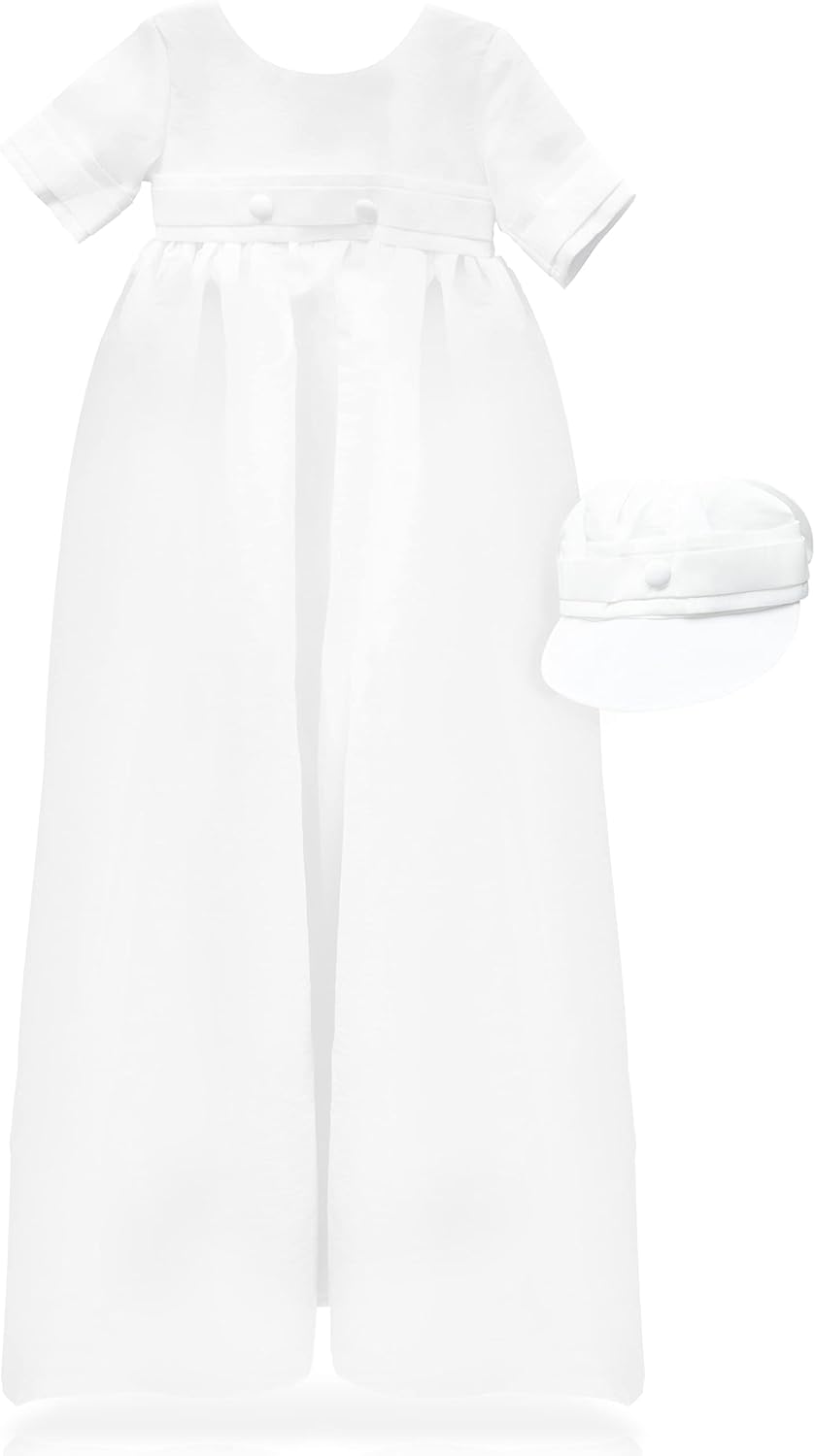 Carriage Boutique Baby Boys Satin White Long Christening & Baptism Gown with Matching Hat
