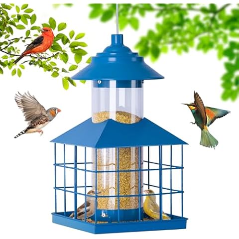 Hanging Bird Feeders for Outdoors, Maansfy Squirrel Proof Large Bird Cage Feeders Metal Wild Birdfeeder for Outside Weatherproof Finch Cardinal Bird Seed Feeder 3.4LB Capacity Cover