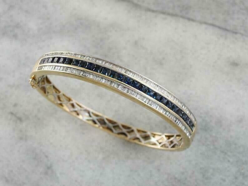 5.00 Ct Vintage Princess Cut Blue Sapphire & Simulated White Diamond 14k Yellow Gold Plated Bangle Bracelet 925 Silver