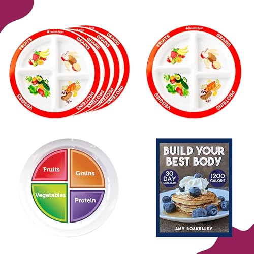 Health Beet Portion Control Plate & Meal Plan Bundle - 30-Day 1200 Calorie Plan + 6 MyPlate Plates (Divided & Flat) - Microwave & Dishwasher Safe - Ideal for Weight Loss & Healthy Eating