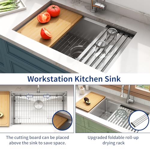 Image of LQS 28 Inch Stainless Steel Undermount Kitchen Sink, Workstation Sink
