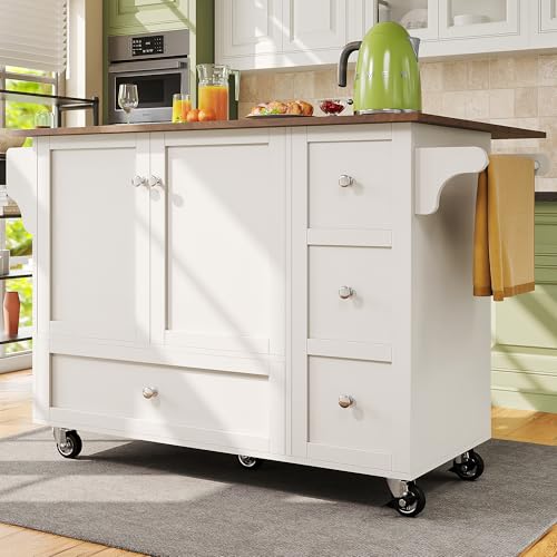 Becag Carrito de Cocina con Ruedas, Carrito de Cocina con cajones y 1 Armario, Carrito de Cubiertos con toallero y especiero, Carrito de Comedor con encimera, 128x40x92.5 cm, Blanco