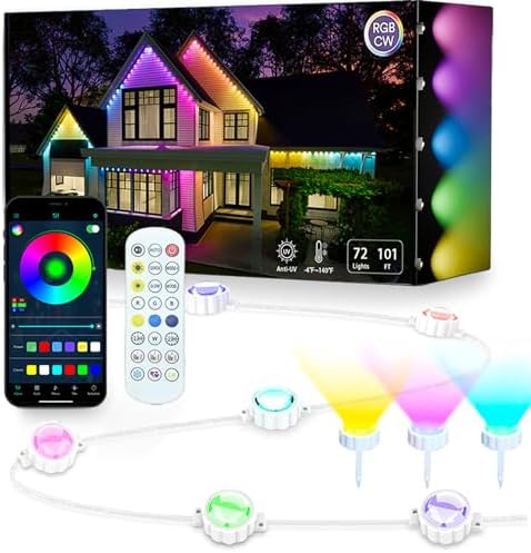 Upgrad Permanent Outdoor Lights Landscape Path Lights 101FT 72L App&Remote contorl Adapter Power for Garage Porch Roof Eaves Fence Backyard Pool Courtyard Party Holiday Season