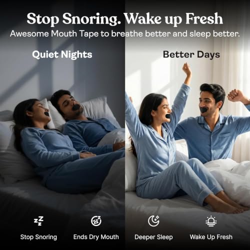 Image of AWESOME Mouth Tape for Sleeping - 60 Nights, Stops Snoring & Mouth Breathing - CDSCO Approved, Hypoallergenic Medical-Grade Sleep Mouth Tape for Nasal Breathing Support