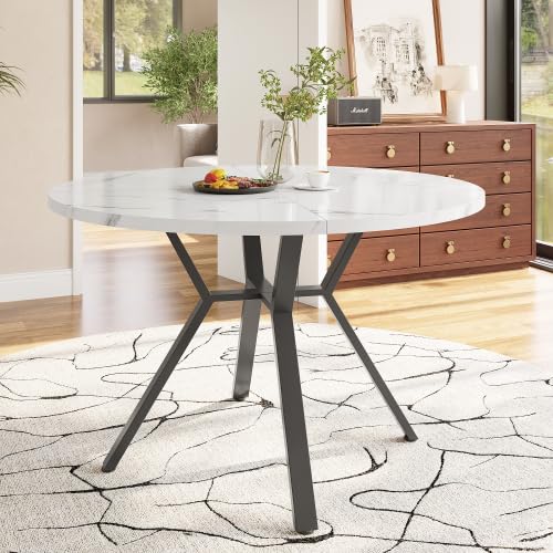 Tavolo da pranzo rotondo, 100 cm, pratico tavolo da cucina per 2-4 persone, telaio a X nero, effetto marmo, bianco/nero
