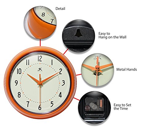 Infinity Instruments Ltd. Retro 9 Inch Silent Sweep Non-Ticking Mid Century Modern Kitchen Diner Wall Clock Quartz Movement Retro Wall Clock Decorative (Orange) #TOP4
