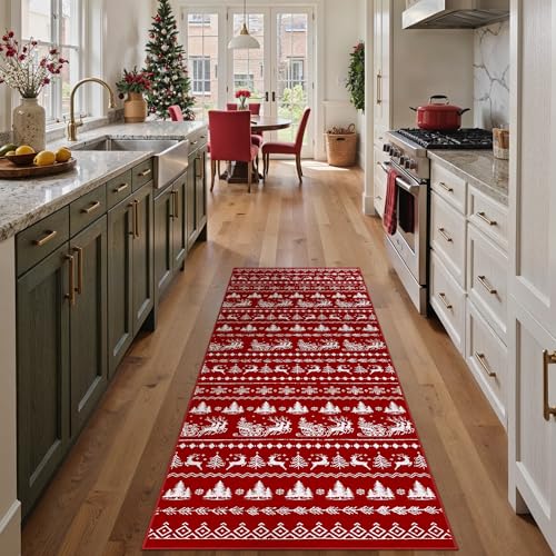 PureCozy 2x6 Christmas Runner Rug Red Washable Carpet Xmas Elk Holiday Decor Kitchen Non Slip Soft Low Pile Carpet Indoor Throw Snowflake Rug Laundry Room Living Room Bedroom Dining Room 2'