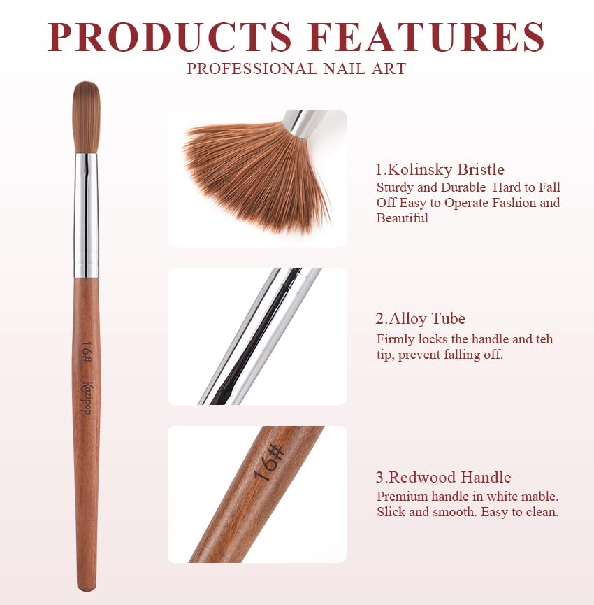 KAZIPOP Kolinsky Sable Nail Brush Red Wooden Acrylic Nail Pen UV Gel Nail Salon Manicure Painting Tool (10#) - Image 3