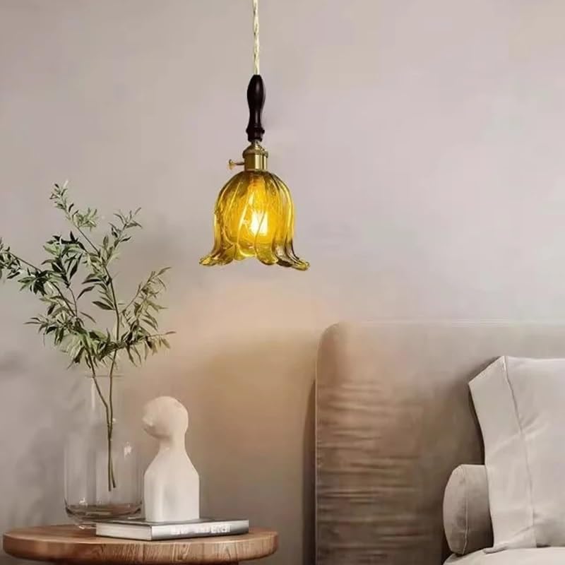Lampe suspendue vintage en laiton et verre fleur vert pour decoration loft cuisine