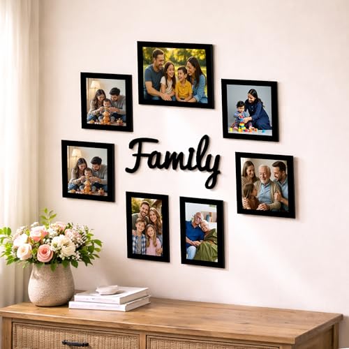 Image of Art Street Decorative Premium Set of 7 Individual Wall Photo Frame with Family MDF Wall Plaque - Black