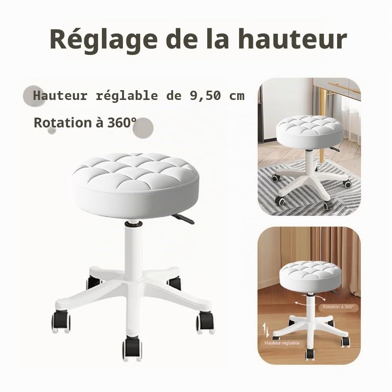 Tabouret Rond à Roulettes en Cuir Synthétique - Tabouret Pivotant Hauteur Réglable pour Table à Dessin, Spa, Salon