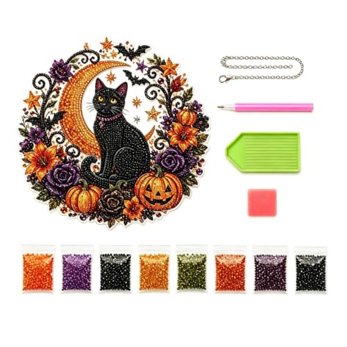 Halloween Black Cat Moon Diamond Art Hanging Ornament Kit Double-Sided Diamond Painting Suncatcher with Faceted Rhinestones DIY Hanging Pendant Halloween Window Decor1pc