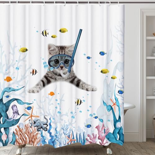 Image of Funny Cat Shower Curtain,Cute Cat Teal Blue Sea OceanShower Curtain Set,Underwater Animal Fabric Shower Curtains for Bathroom with Hooks 72X84inches