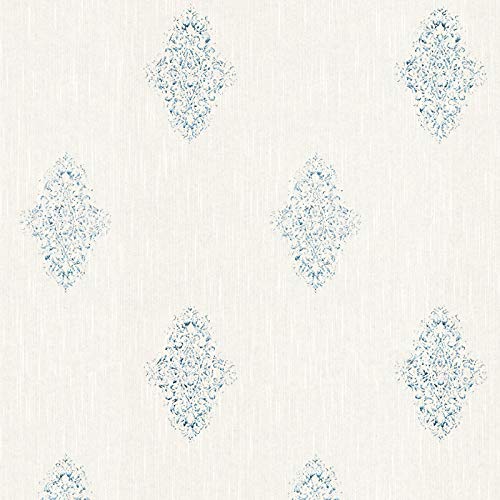 Papier peint blanc intissé effet textile | Tapisserie murale blanche à motif bleu métallique | Papiers peints baroque parfait pour couloir