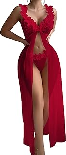 Sthxyfaith Lingerie for Women Front Open Babydoll Lace Chemise V Neck Mesh Sleepwear 2 Piece with Thong Set