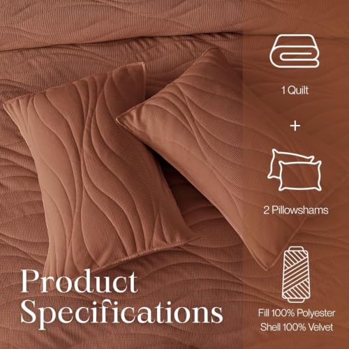 Image of DOWN HOME Crinkle Textured Velvet Quilt Set with Shams, All-Season Luxury Modern Bedding,Easy Care Comforter,Ultra-Soft,Lightweight & Breathable, Cali King, Rosewood Brown