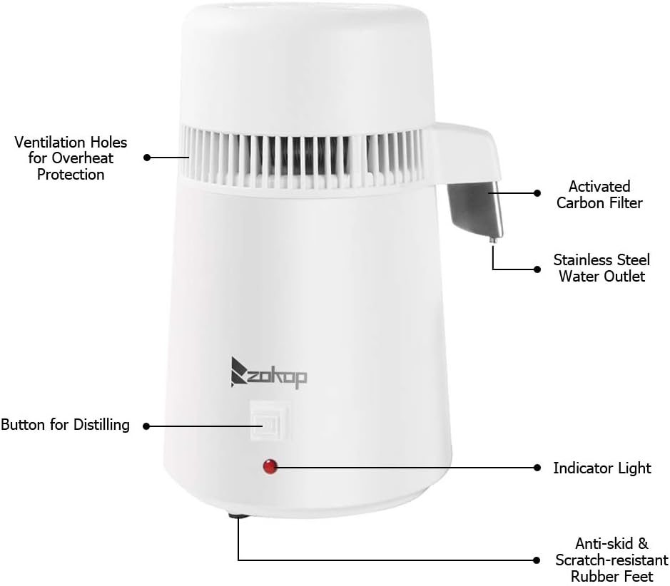 Labeled diagram of the ZOKOP ZB-1 Water Distiller showing ventilation holes, activated carbon filter, stainless steel water outlet, button for distilling, indicator light, and anti-skid rubber feet.
