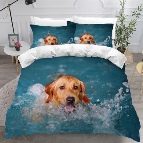 DILANI Bettwäsche 135x200 Kinder Hund 3D Bettwäsche-Set 3 Teilig Schwimmender Golden Retriever Weiche Microfaser Bettbezug mit Reißverschluss und Kissenbezug 80x80cm für Mädchen Jungen Kinder