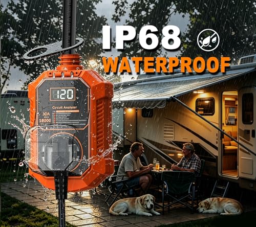 30 Amp RV Surge Protector, 𝟐𝟎𝟐𝟔 𝐍𝐄𝐖 18000J RV Circuit Analyzer with Real-Time LED Display, Voltage Monitoring IP68 RV Adapter Plug with Waterproof Cover for Camper Travel Trailer