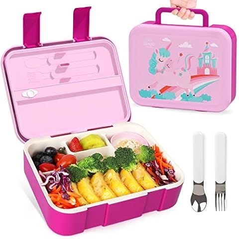 Lehoo Castle Brotdose Kinder Mit 5 Fächern 2 Besteck, 1250ML Lunchbox Kindergarten Auslaufsichere, Bento Box Mädchen Cover